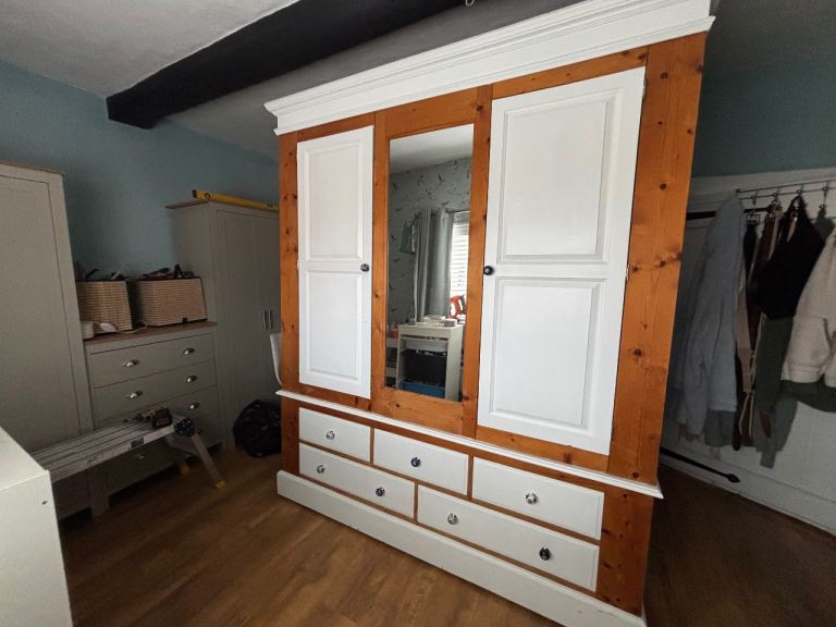 Large Wooden Wardrobe with Drawers and Mirror – Good Condition