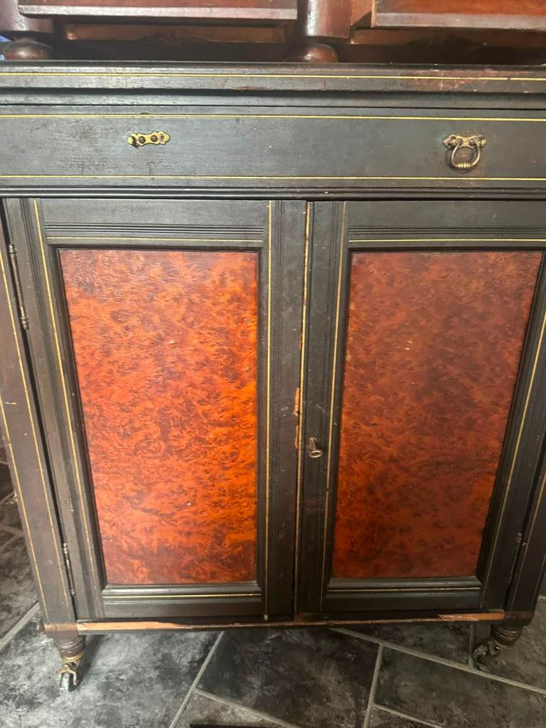 Victorian Aesthetic Movement Ebonized Cabinet & Burr Walnut Mirror – Restoration Project