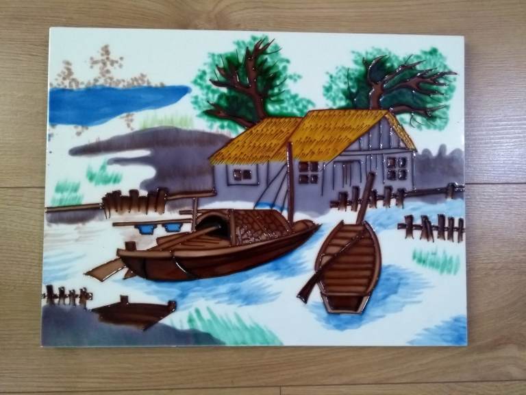 image for Ceramic Picture Tile Plaque Boat and Cottage scene 40*30 cm 