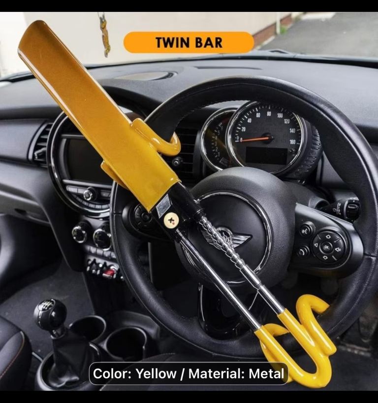 Heavy Duty Twin Bar Steering Wheel Lock – High-Security Anti-Theft Car Device (Yellow)