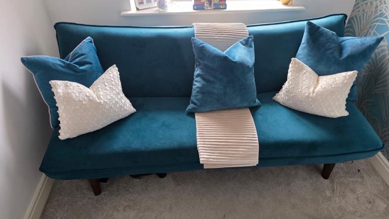 DFS Velvet teal blue turquoise couch bed sofa 