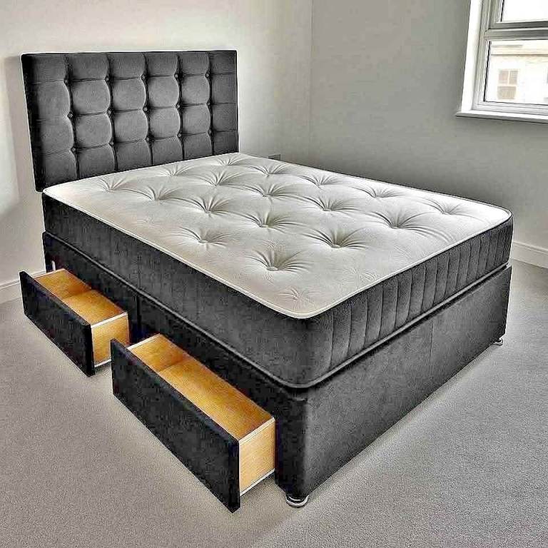 Double Bed with Tufted Headboard and Storage Drawers – Grey Velvet