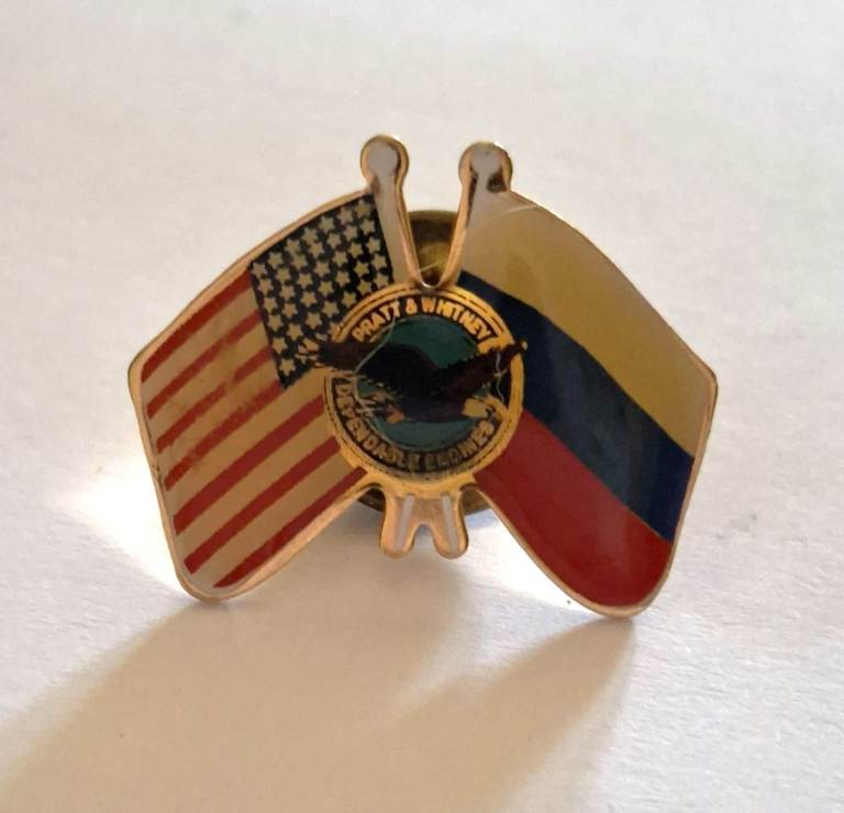 Vintage Pratt & Whitney Enamel Badge Featuring the Russian & USA Crossed Flags