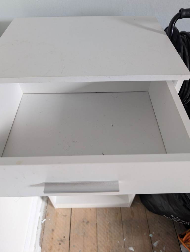 £15 for both White Bedside Table with Drawer and Shelf – Good Condition
