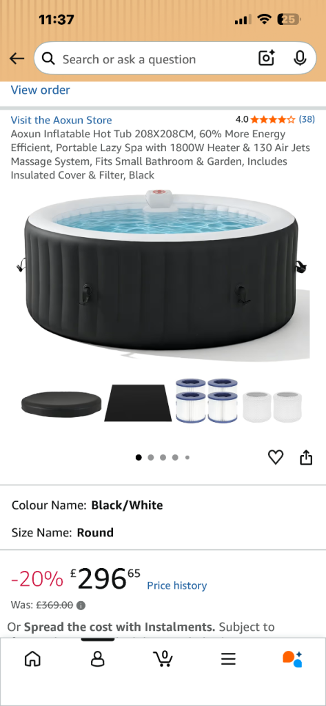 Aoxun Inflatable Hot Tub 208x208cm – New, Black/White