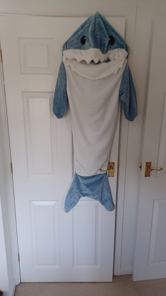 Shark kids onesie to suit up to small adult in soft cosy fleece as new