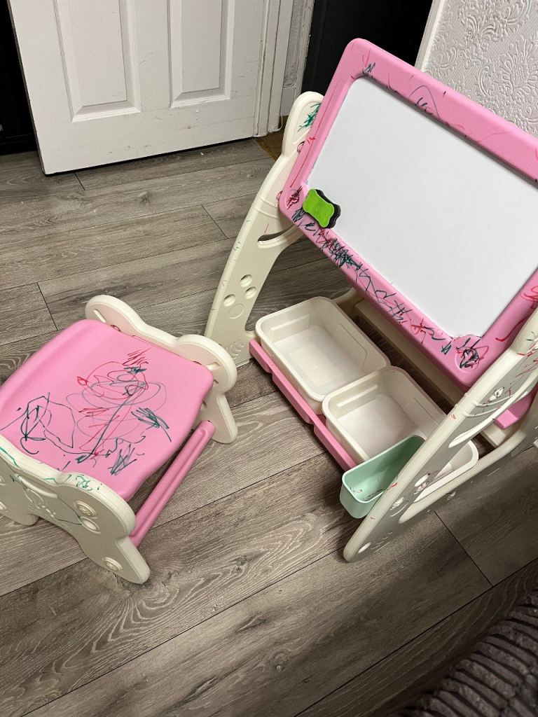 Kids Pink Easel & Chair Set with Storage – Fair Condition