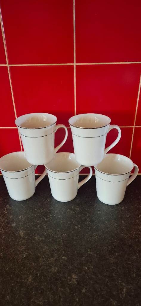 Set of 5 White Ceramic Mugs with Silver Rim – Good Condition