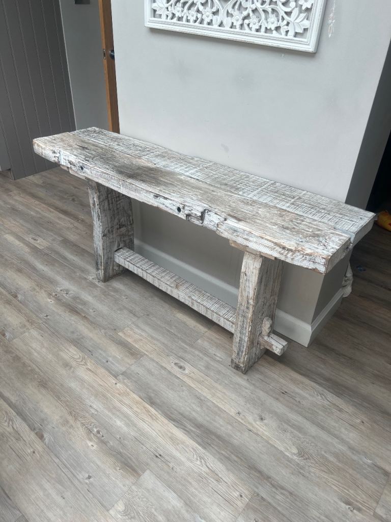OKA rustic reclaimed wood bench / low console table, whitewashed