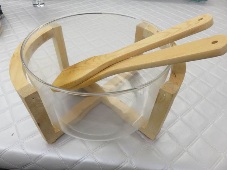 Glass and wood salad bowl with matching spoons 