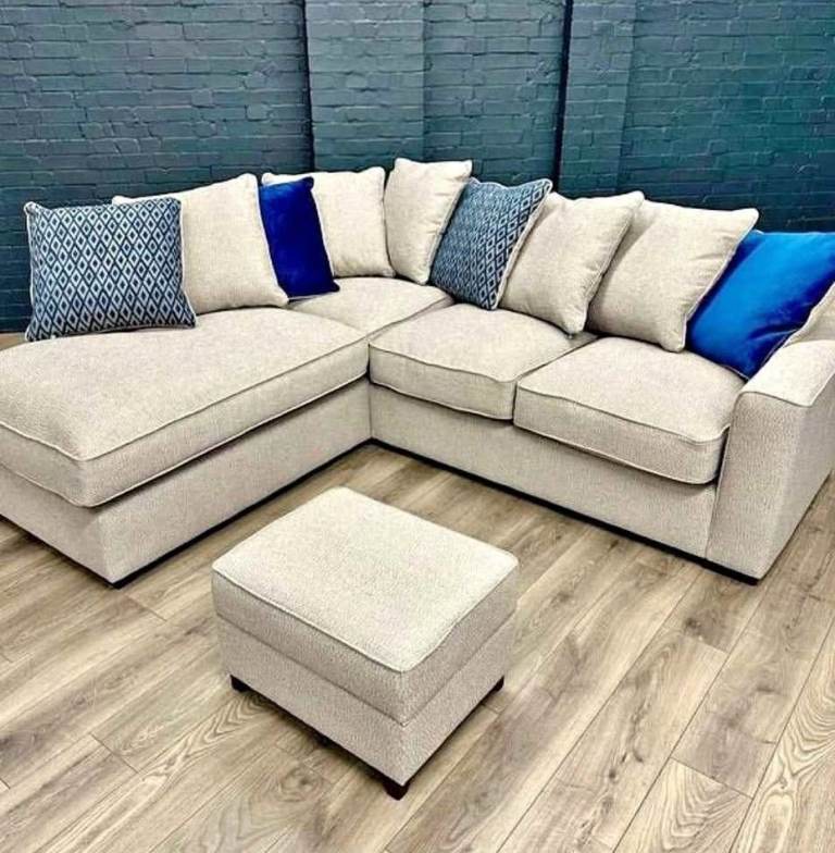 Luxury Cream Fabric Corner Sofa with Footstool – Modern L Shape Sofa with Scatter Cushions