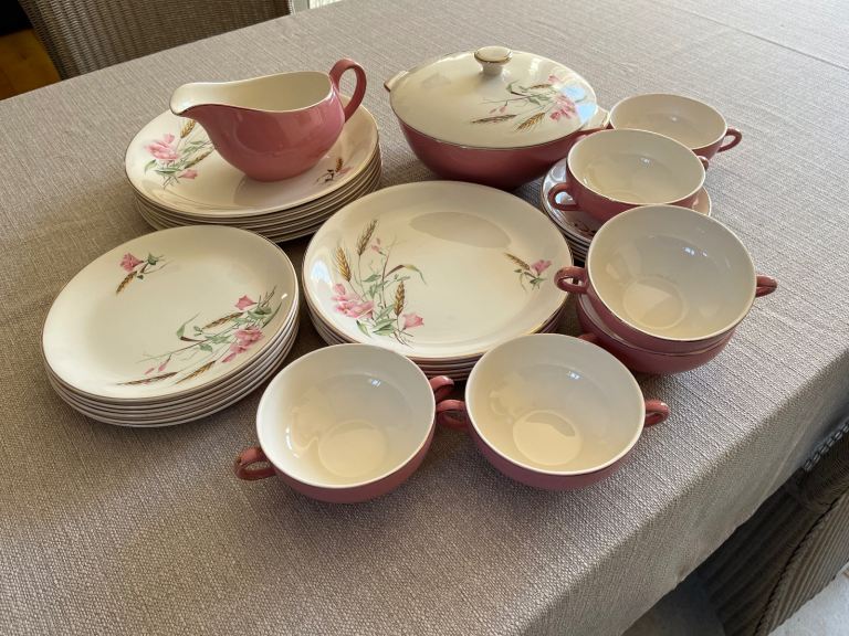 Vintage~Alfred Meakin Columbine Pink Wildflowers Wheat Dinner Set Gold Trim