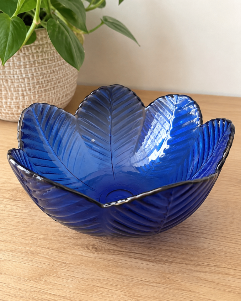 Lovely Blue Cobalt Glass Leaf Design Bowl 