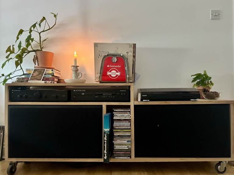 Cambridge Audio hi-fi system + custom plywood cabinet — the whole setup