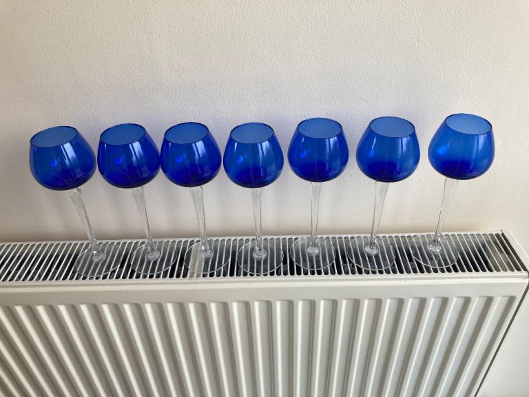 Set of 7 Blue Glass Wine Glasses – Tall Stem, As Good As New