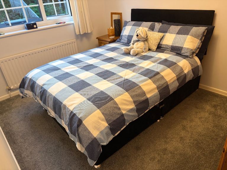 Black Fabric Double Divan Bed with Headboard – Good Condition