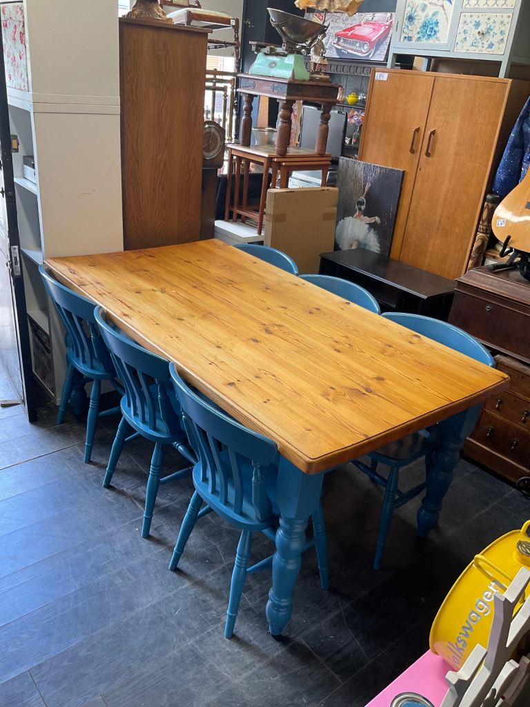 Vintage Rustic Dining Kitchen Farmhouse Pine Table & 6 Chairs Cash On Collection