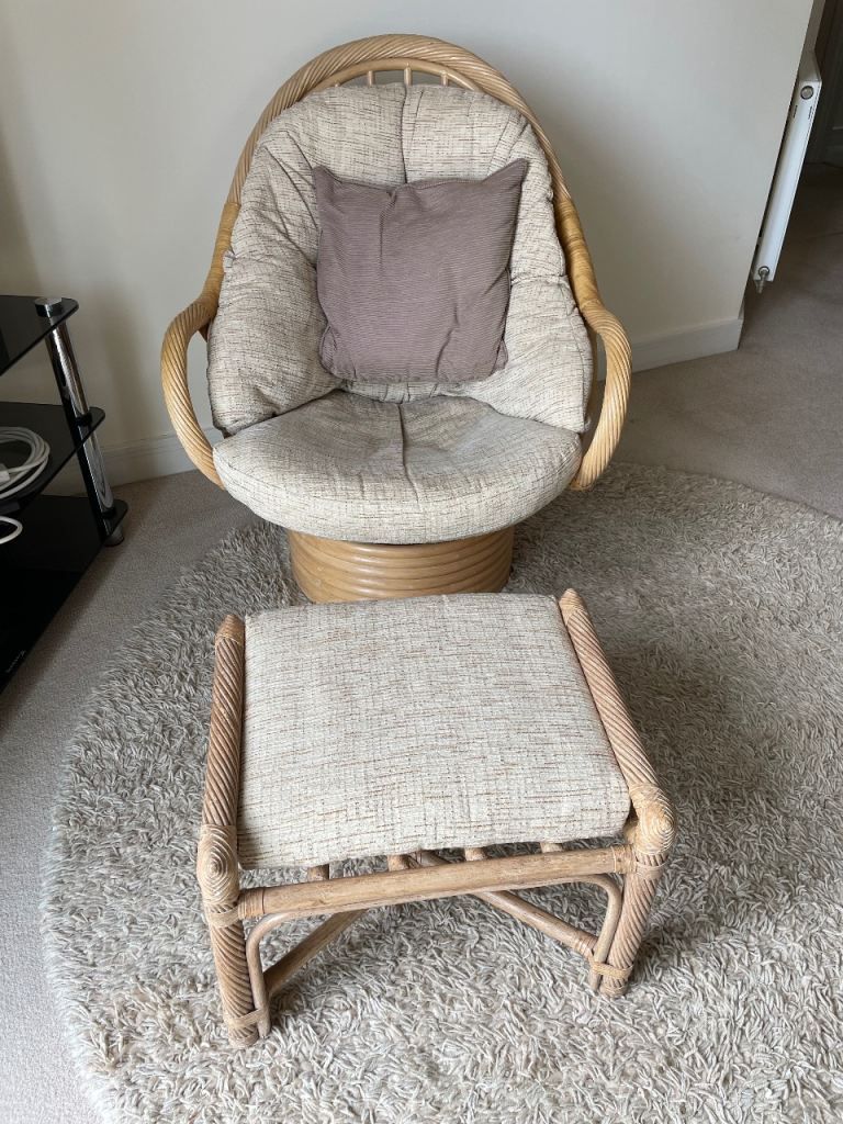 Vintage Rattan Swivel Lounge Chair & Matching Footstool – Boho / Mid-Century Style