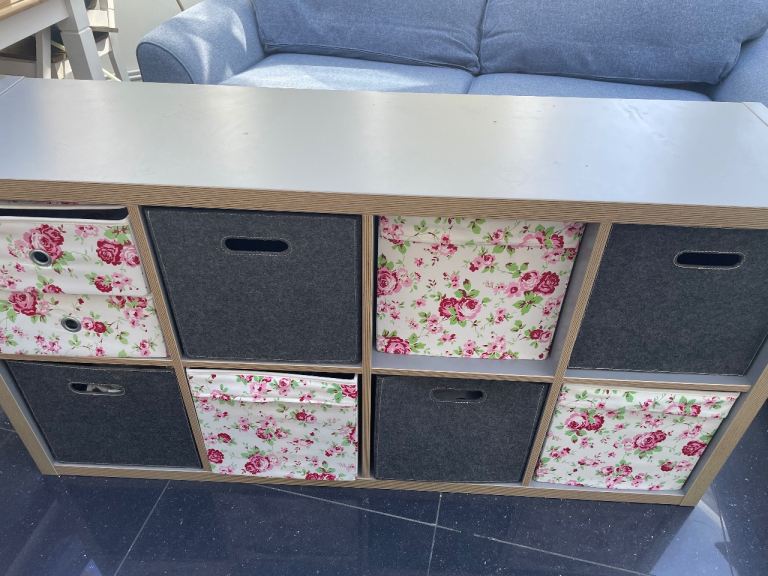Grey Cube Storage Unit with Fabric Boxes – Good Condition