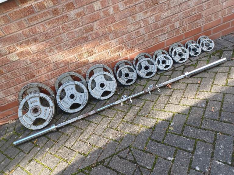 BODY POWER CAST IRON OLYMPIC WEIGHTS PLATES SET WITH 7FT / 20KG BARBELL