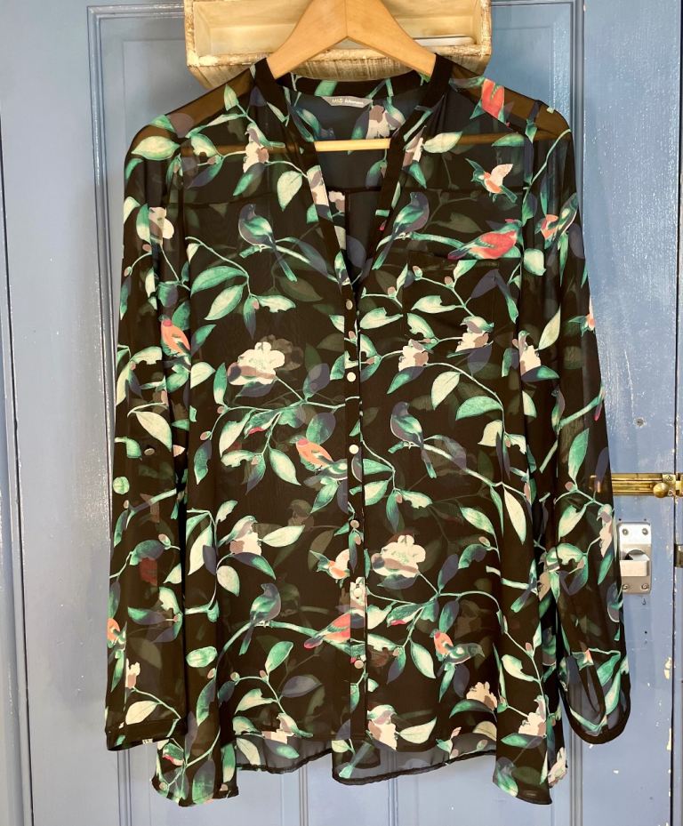 M&S Woman Black Bird Floral Chiffon Blouse Sheer Long Sleeve Tunic
