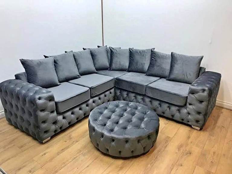 Brand New Grey Velvet Corner Sofa with Matching Footstool 