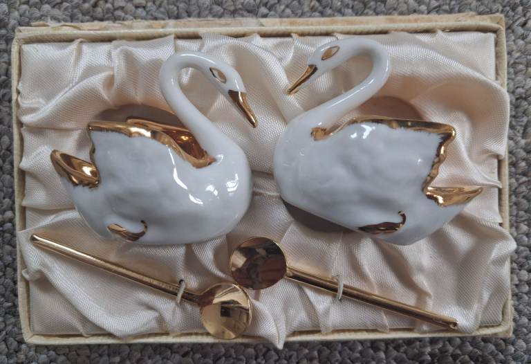 Limoges Porcelain Swan Salt Cellars with Spoons – As Good As New