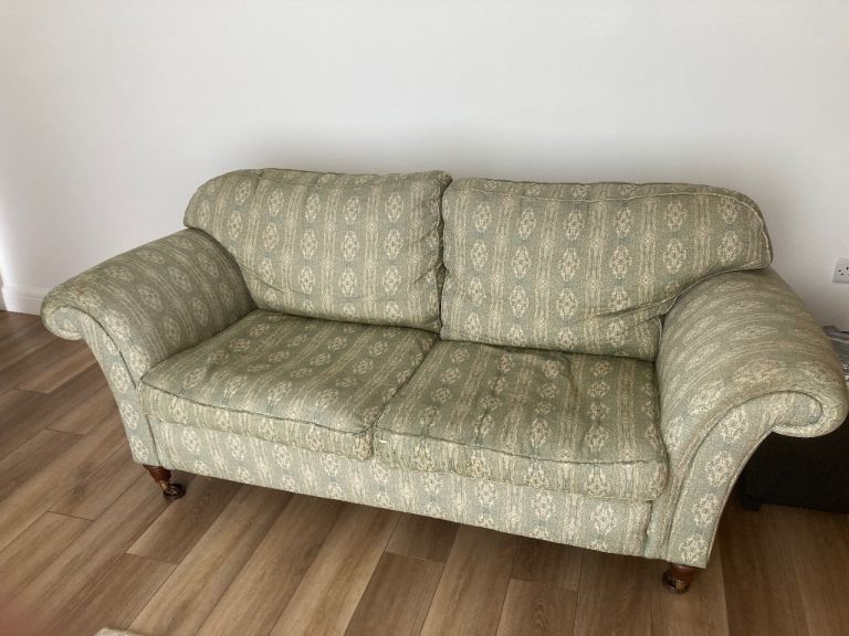 Laura Ashley Two-Seater Sofa – Green Patterned Fabric, Fair Condition