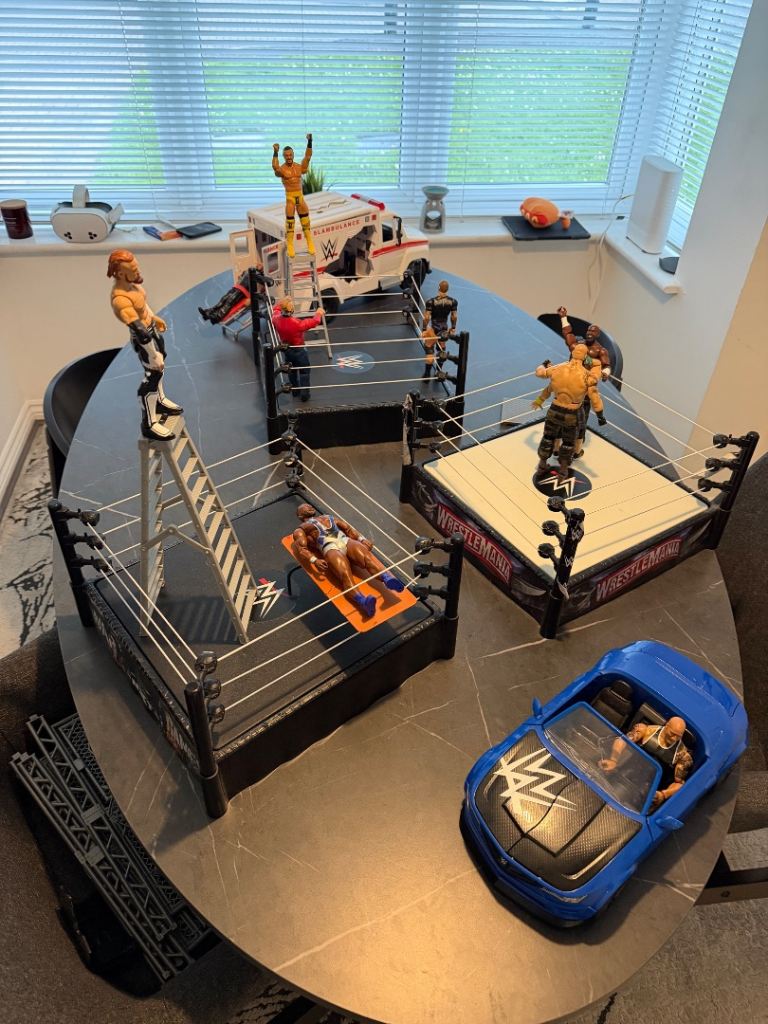 WWE Wrestling Action Figures, Ring, Ambulance, Car, & Ladder – Good Condition
