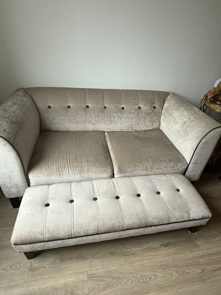 Elegant Velvet 2-Seater Sofa + Matching Ottoman Bench – Cream / Champagne – Excellent Condition