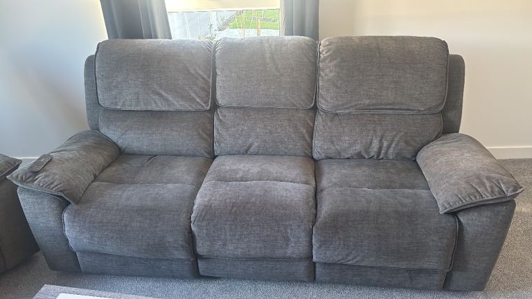Grey Fabric Recliner Sofas – 3-Seater and 2-Seater, Good Condition