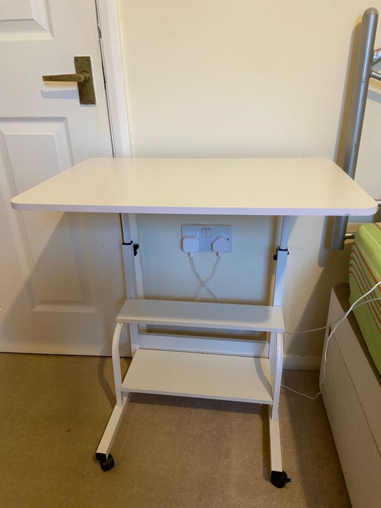 Adjustable Overbed Table with Wheels and Shelf – Good Condition