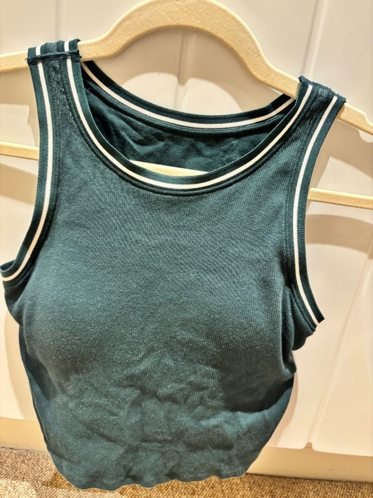Uniqlo Dark Green Ribbed Vest Top with White Stripes, Size S