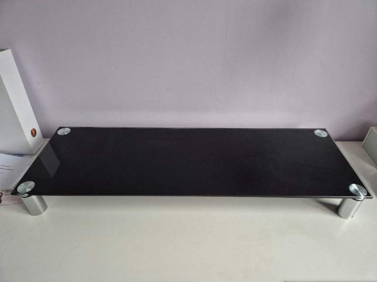 Monitor or TV stand riser - black glass with chrome legs - 80cm wide x 26cm deep x nearly 9cm tall
