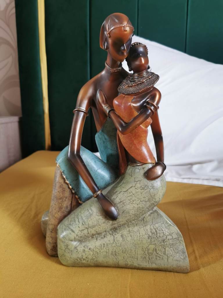Bronze-effect Mother and Child Figurine with Blue Drape