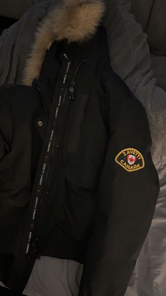 large Zavetti Canada Black Puffer Jacket with Faux Fur Hood 