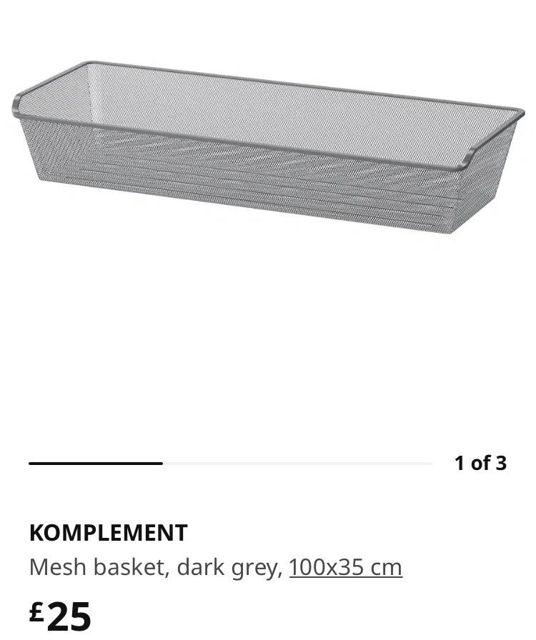 image for 1 x IKEA Komplement grey mesh basket drawers for pax wardrobe 100x35