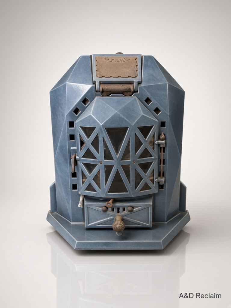 Reclaimed Vintage Osaka French Art Deco/Cubist-Style Enameled Cast Iron Log Burner