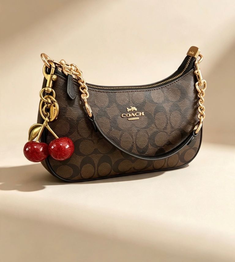 Lovely COACH Bag in Signature Brown Print with Cherry Charm