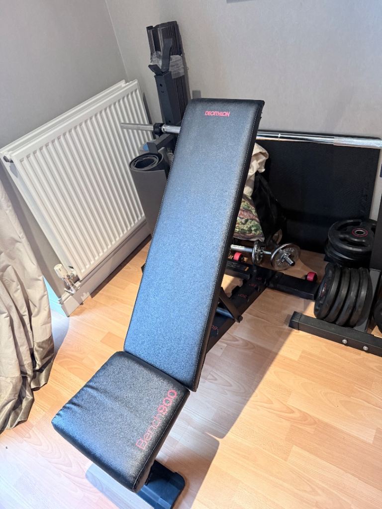 image for Home gym equipment: Barbell with 4 x 5kg Plates, 4 x 2.5kg plates bench and rack