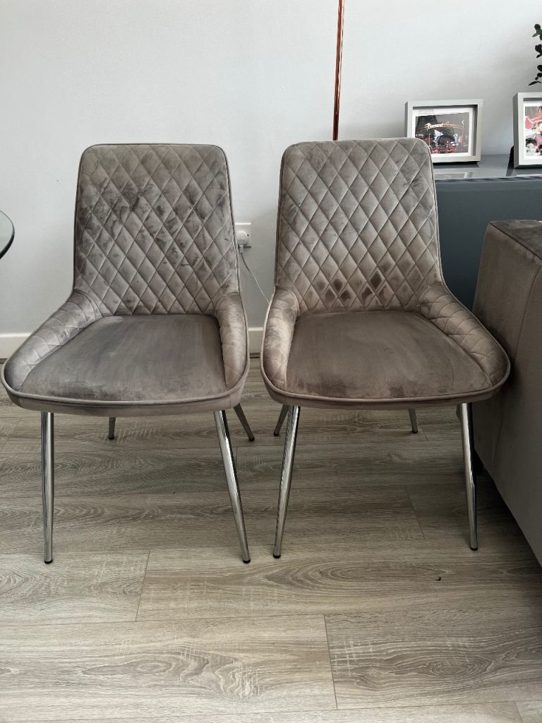 Pair of Next Hamilton Grey Velvet Dining Chairs – Chrome Legs