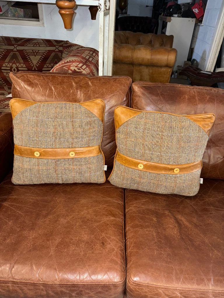 Harris tweed & leather 2 scatter cushions