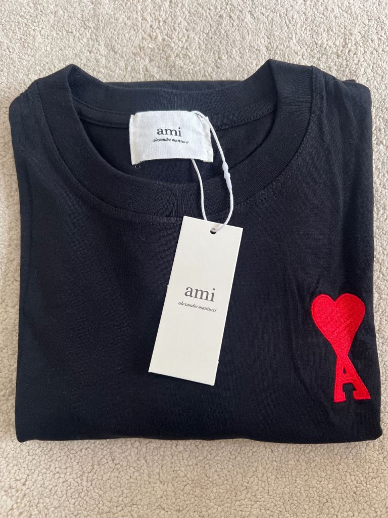 Ami Paris Black T-Shirt with Red Heart Logo – Brand New with Tags