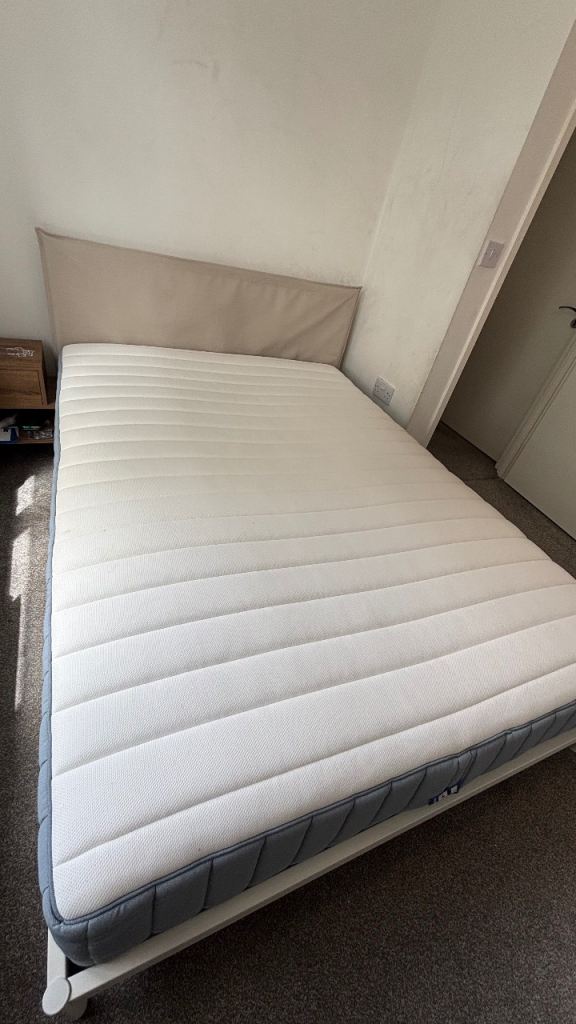 IKEA KLEPPSTAD Double Bed Frame with Mattress – White/Beige, Good Condition