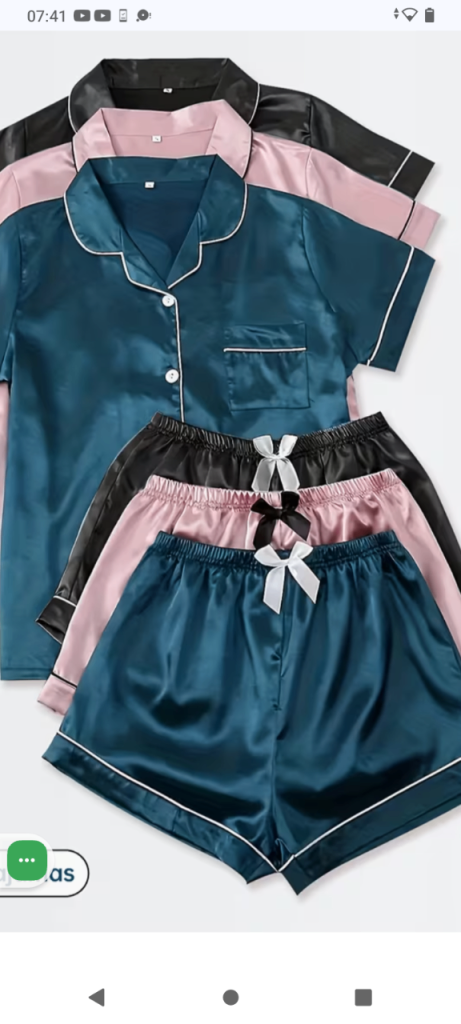 3 Satin Sets. Short-Sleeved Lapel Top And Elastic Waistband Shorts, Women'S Pajamas And Loungewear