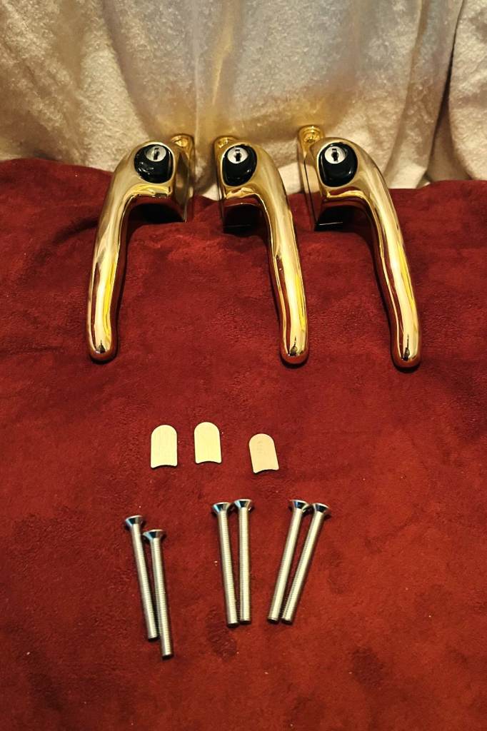 GOLD FINISH HANDLES FOR DOUBLE GLAZING WINDOW - GOOD USED CONDITION