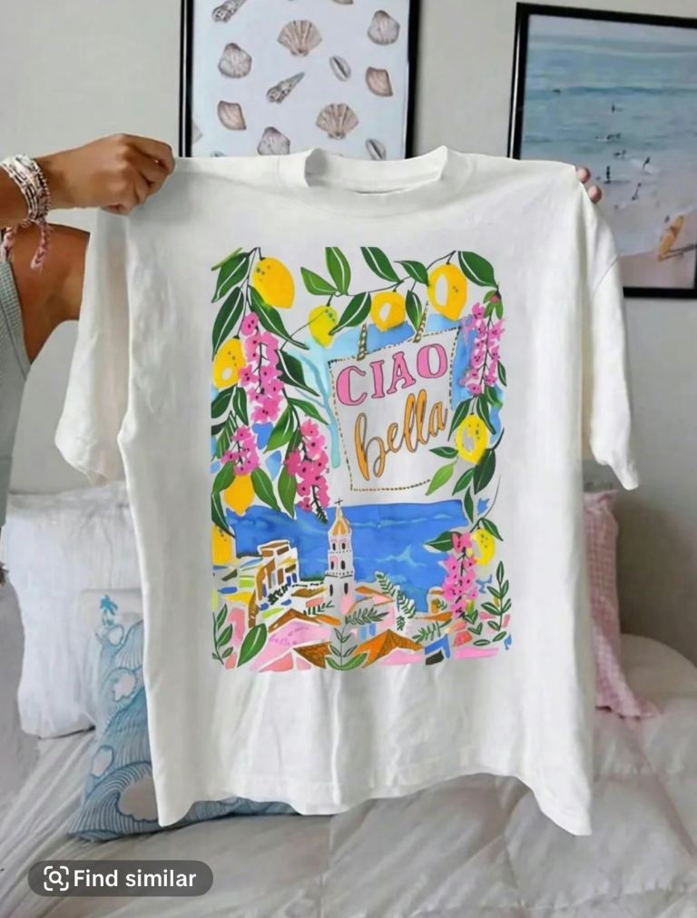 Colorful Italian Ciao Bella T-Shirt, Retro Italy Summer Top with Lemons & Beach View XXL