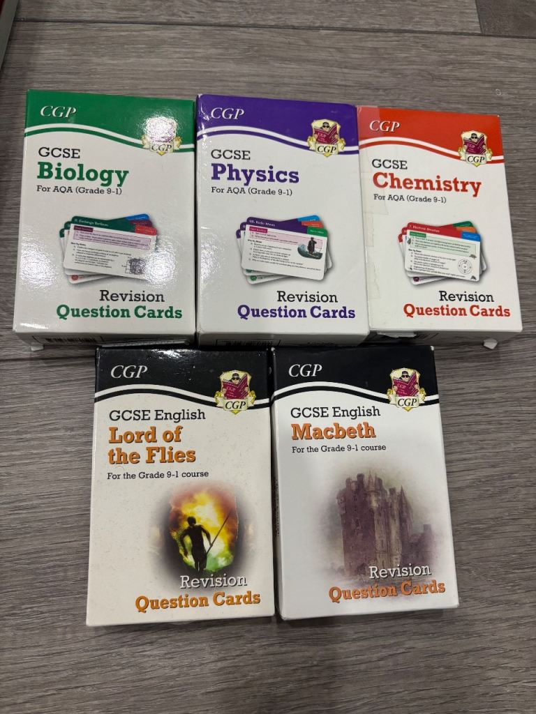 GCSE revision guide, work book and question cards
