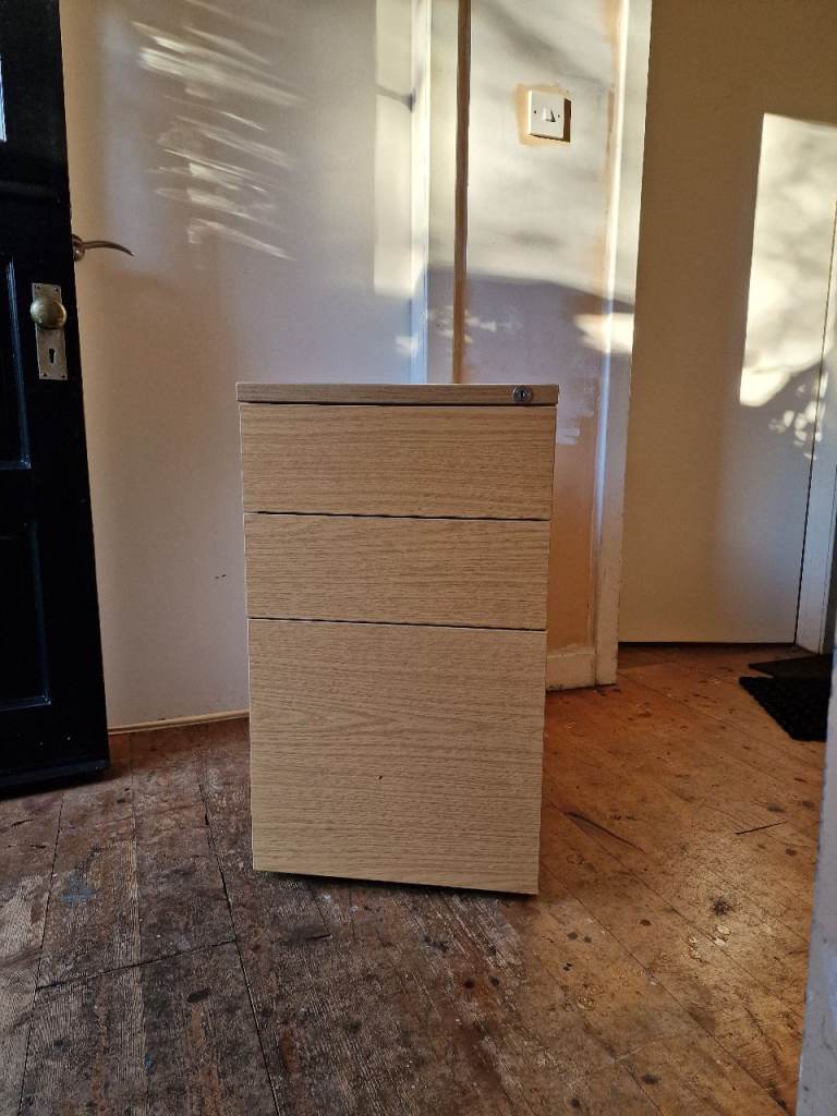 2 x Vintage 1990s three-drawer wooden filing cabinets, Oak effect