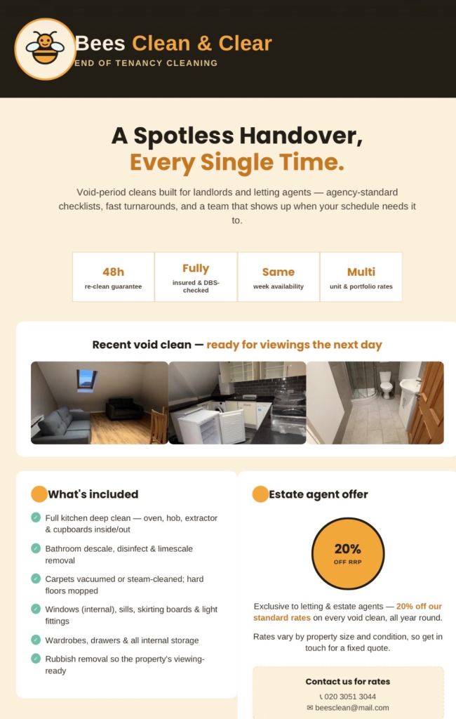 SALE Bees pre tenant or end of tenancy professional clean